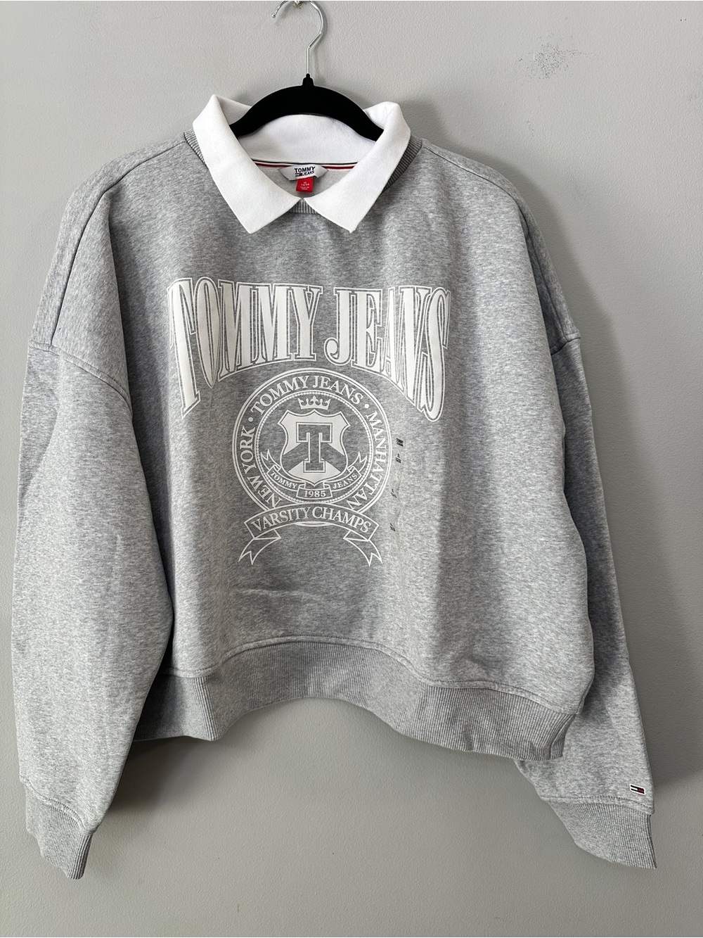 Tommy Jeans Varsity Crewneck Sweatshirt Gray Faux Layered Collar XL NWT